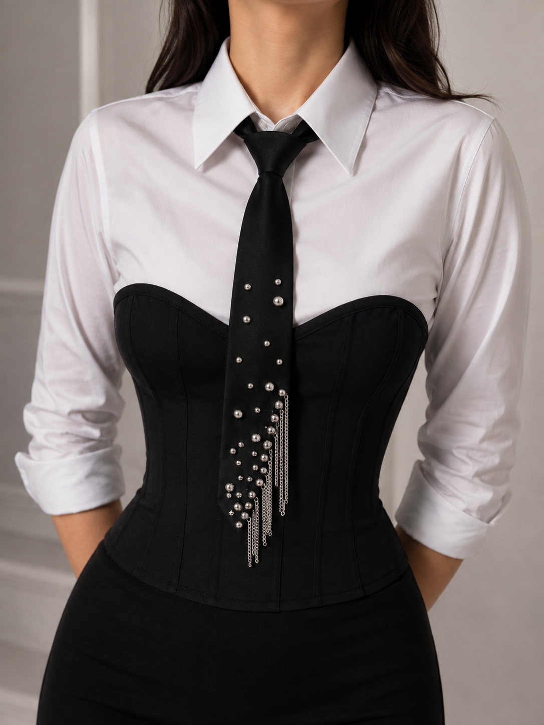 Silver Chain & Pearl Statement Tie