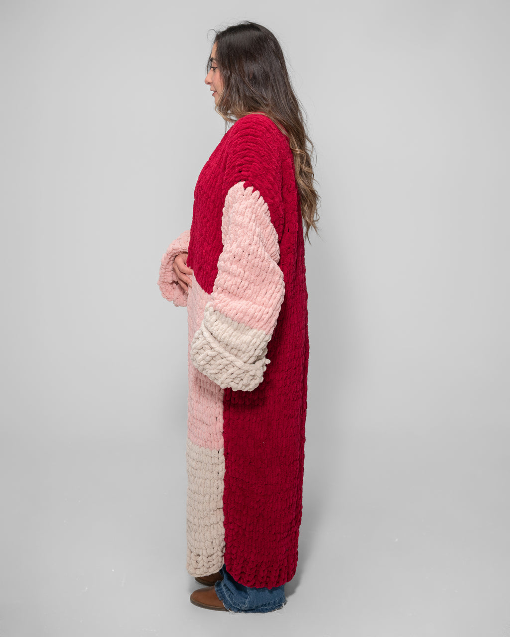 Plush Color-Block Maxi Cardigan – Rose, Blush & Wine