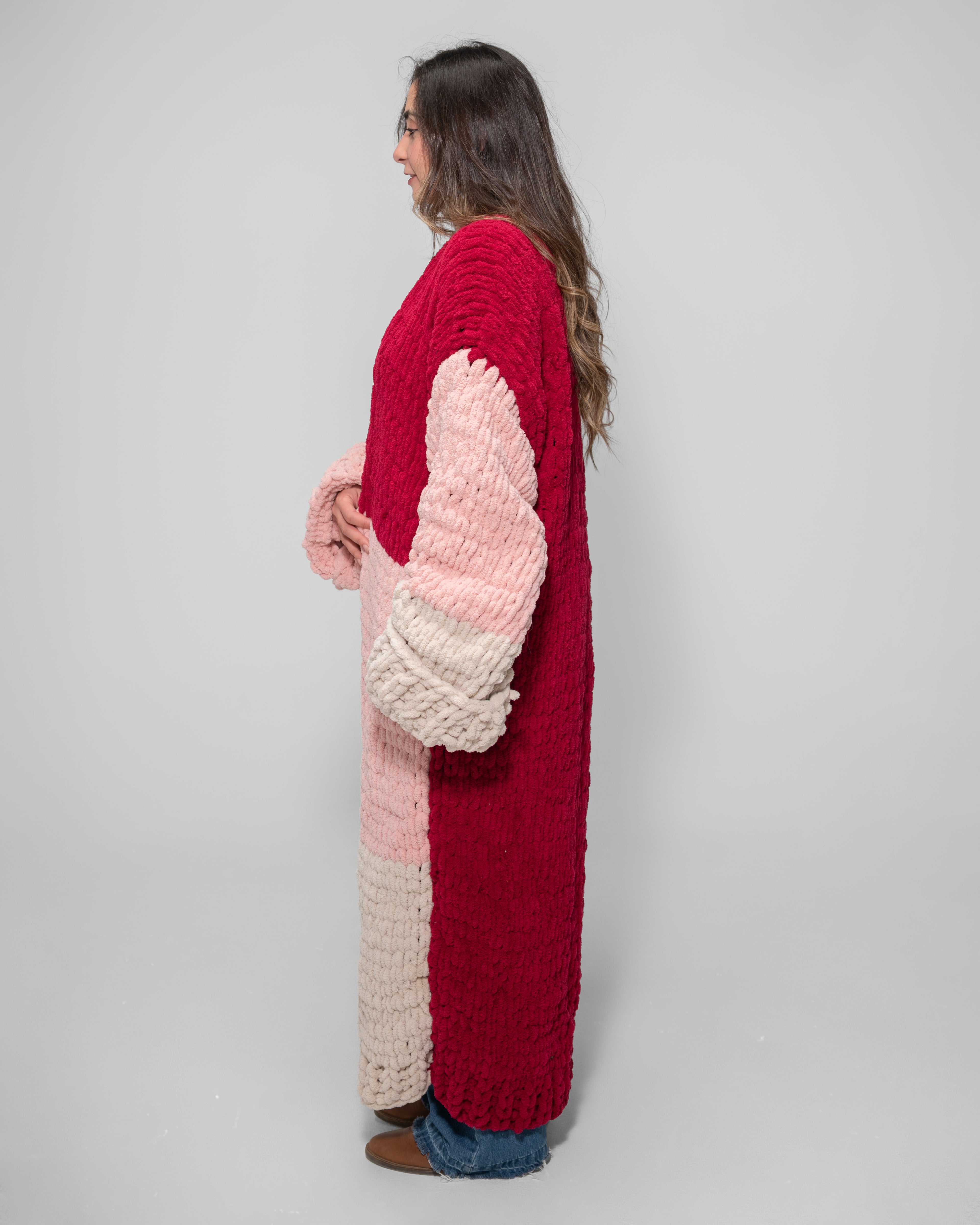 Plush Color-Block Maxi Cardigan – Rose, Blush & Wine