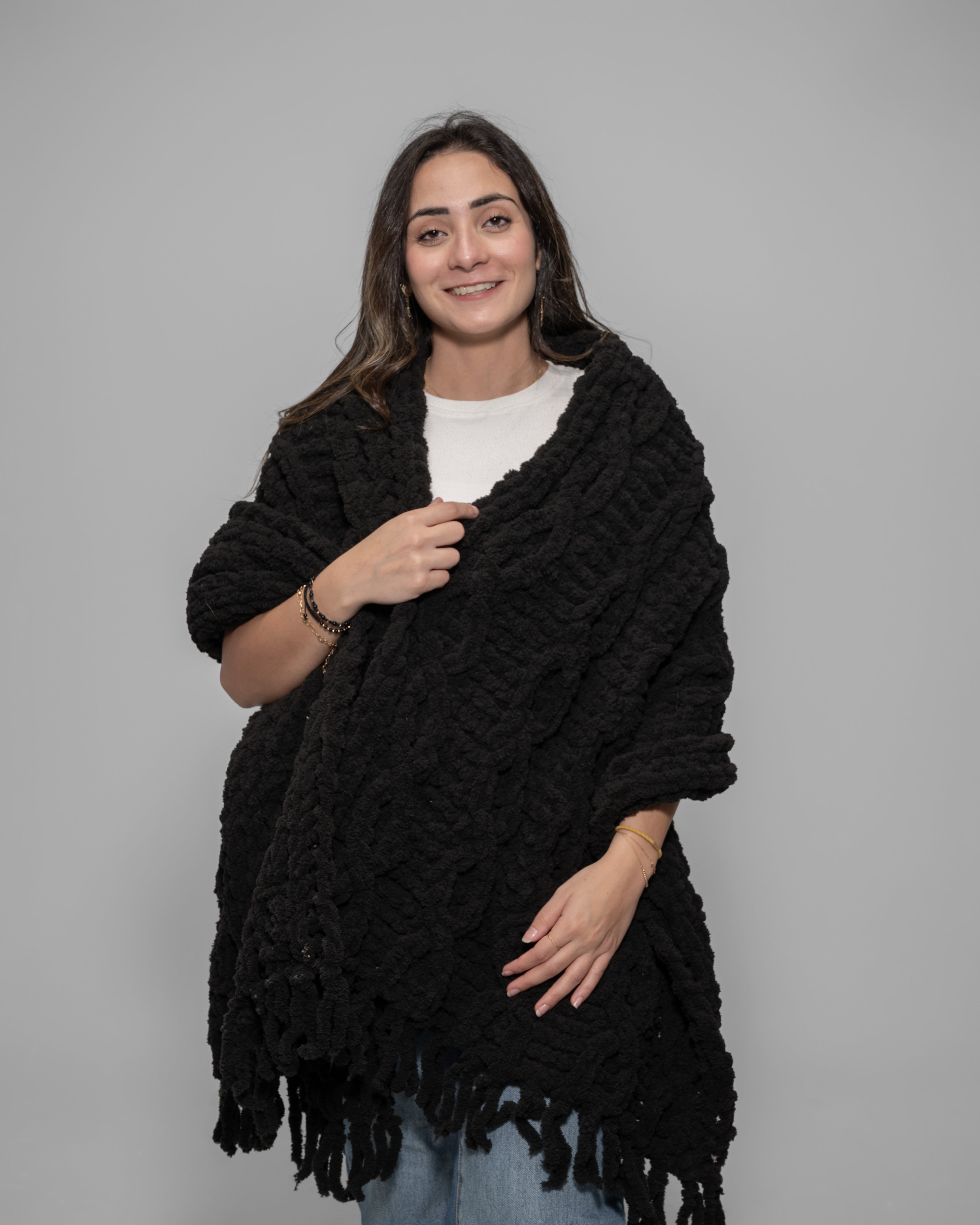 Handmade Chunky Black Cozy Shawl with Fringe