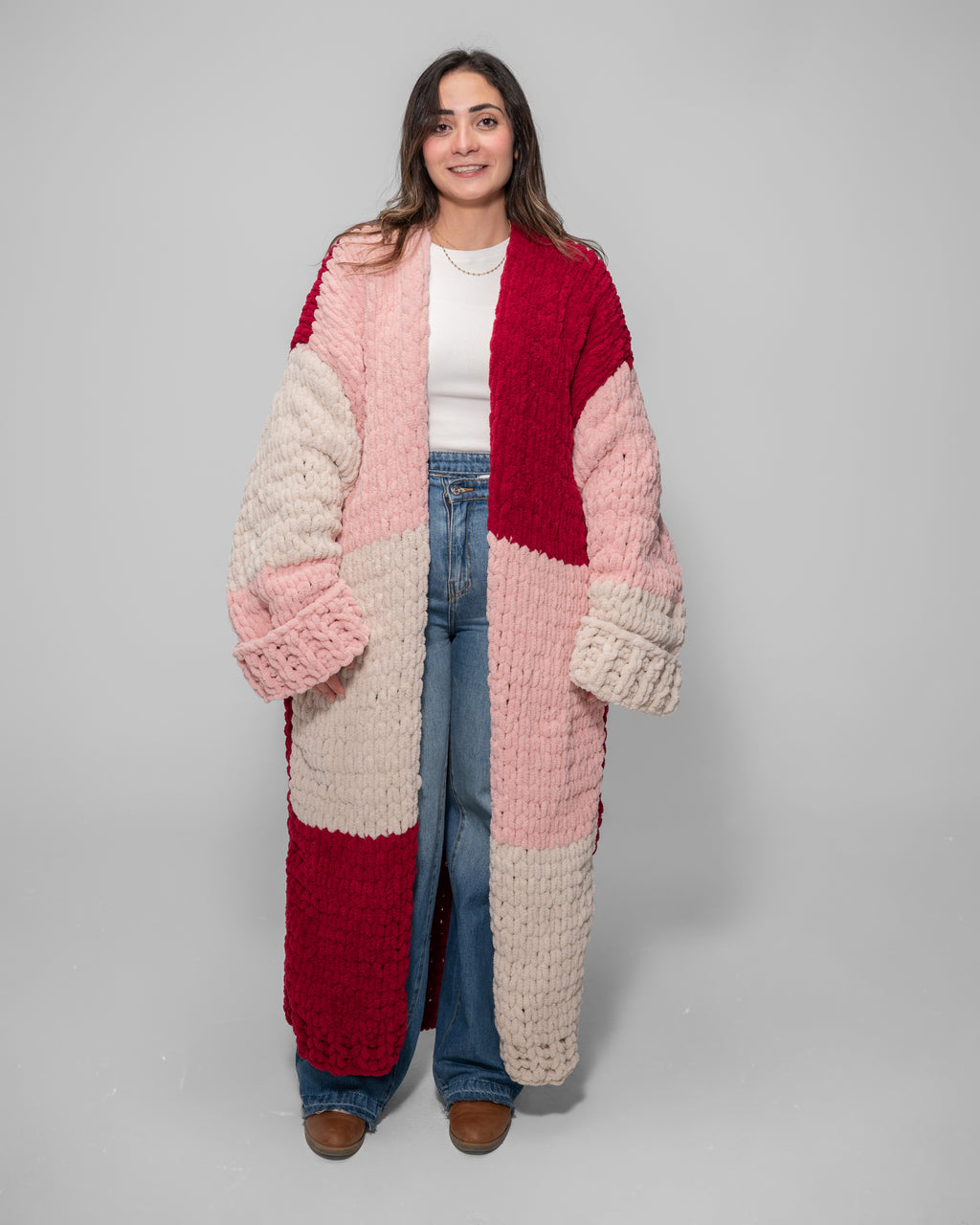 Plush Color-Block Maxi Cardigan – Rose, Blush & Wine