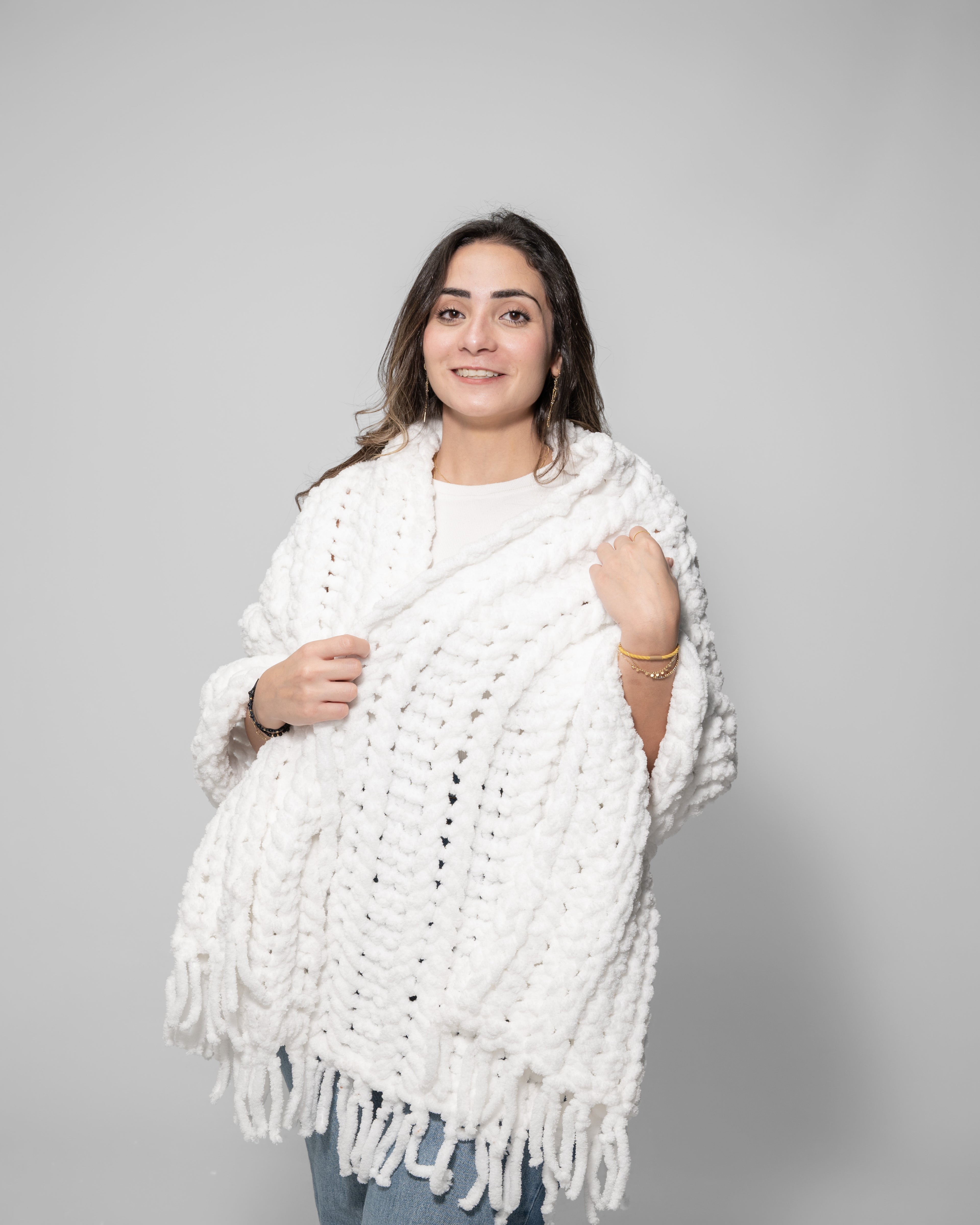 Handmade Chunky Black Cozy Shawl with Fringe