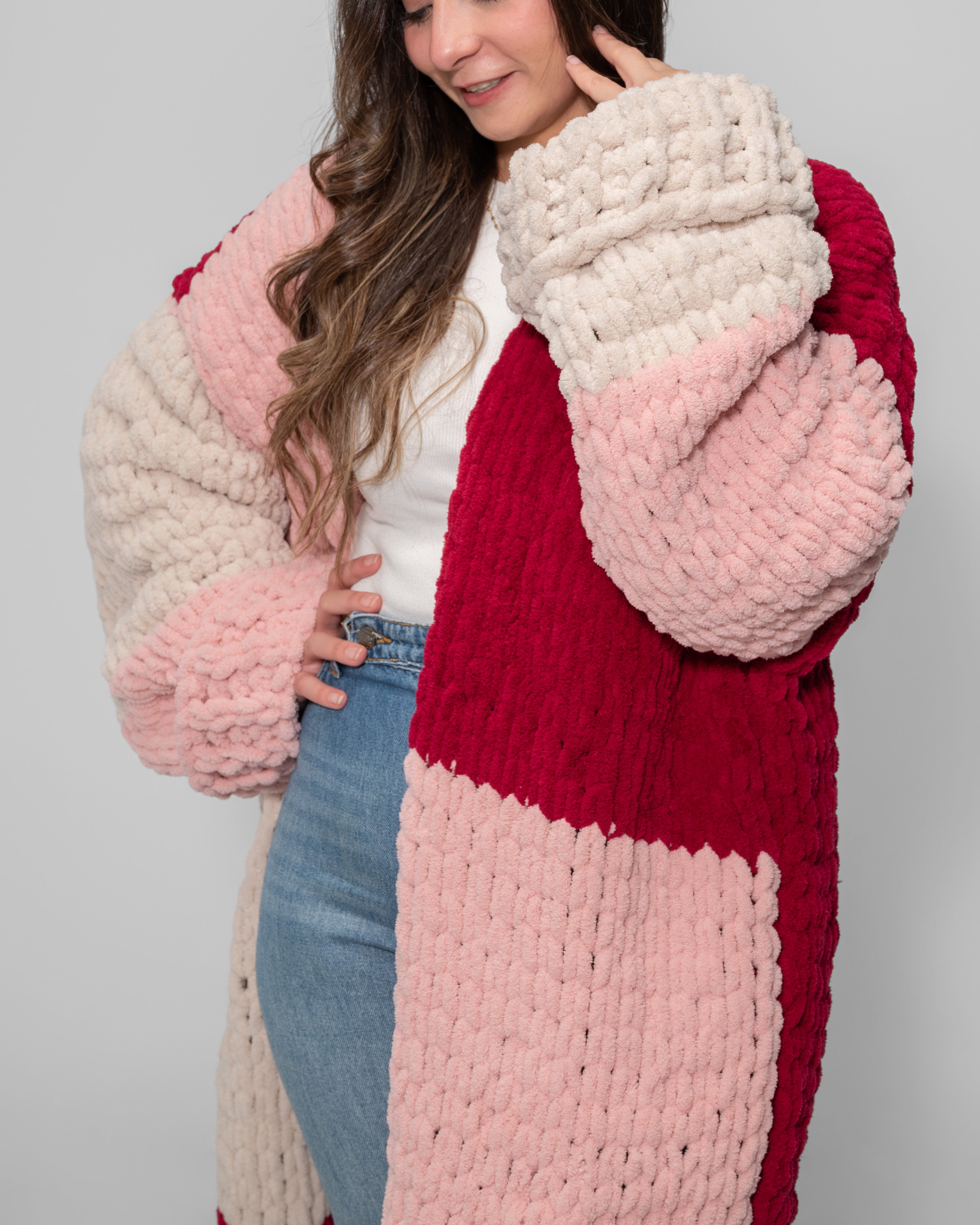 Plush Color-Block Maxi Cardigan – Rose, Blush & Wine
