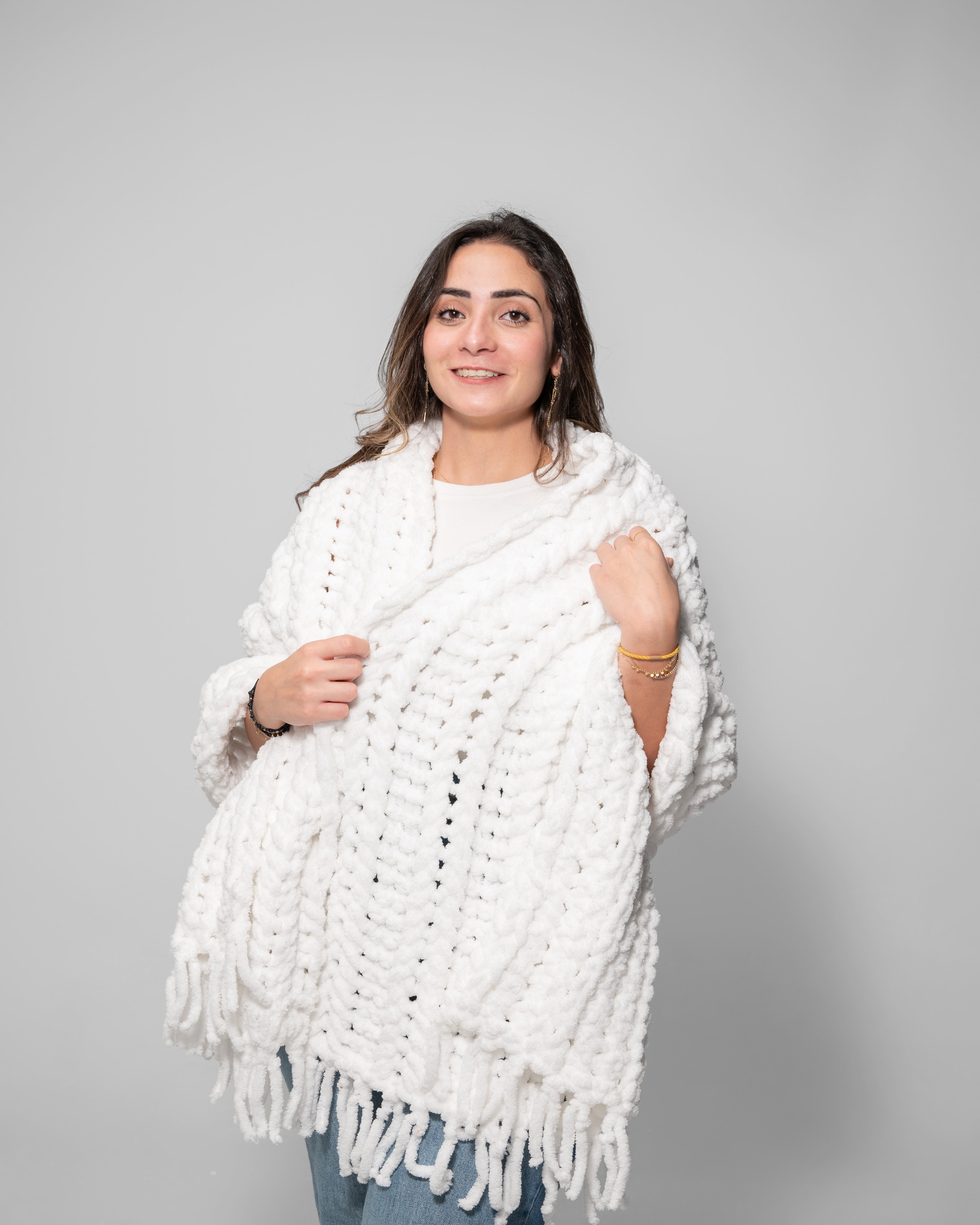 Handmade Chunky Black Cozy Shawl with Fringe