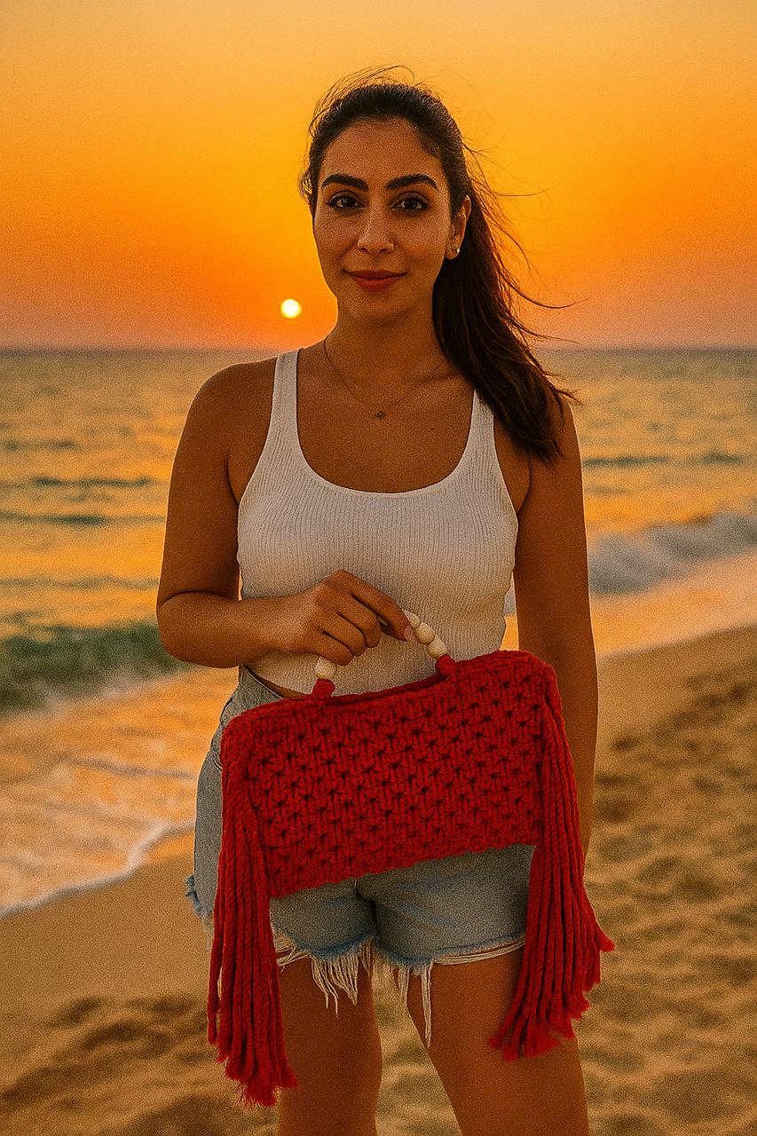 Red macrame bag